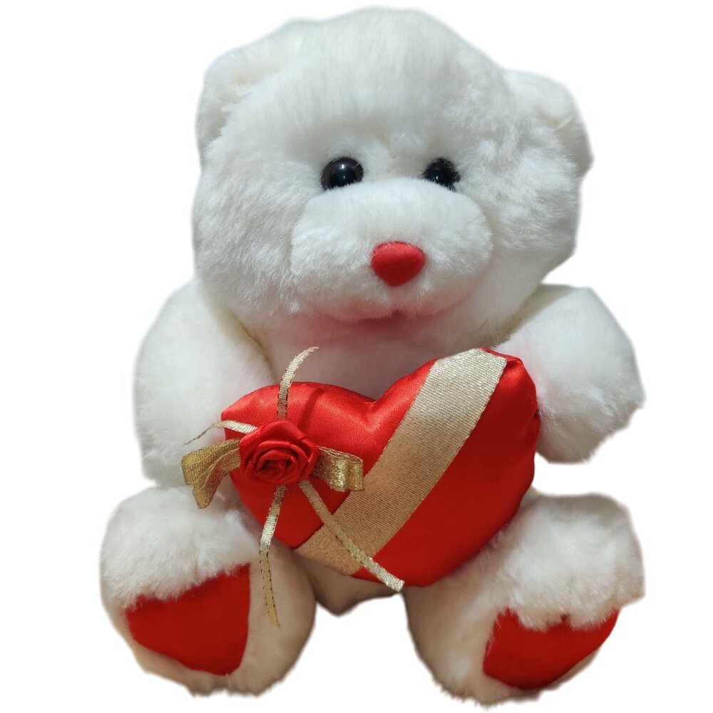 Goffa White Teddy Bear Plush 9" Red Gold Satin Heart Bow Valentine Gift Cute